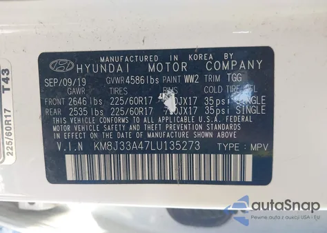 2020 Hyundai Tucson Value z USA, uszkodzony, nr VIN KM8J33A47LU135273